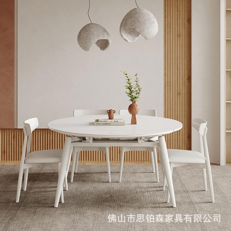 伸缩岩板圆餐桌可多能木现代简约小OWB功户型纯白色奶油风实歺桌