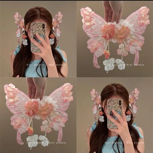 后压蝴蝶花朵发夹绢花扑棱古风蛾子汉服流苏发饰仙气配饰国风头饰