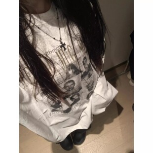 白灰色美式复古印花纯棉oversize长袖t恤男女街头套头高级感上衣