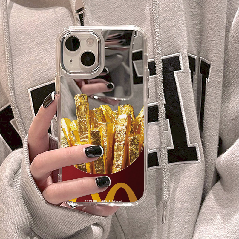 黄金万两薯条麦门17pro适用苹果16Promax创意15镜面14手机壳iPhone13补妆镜子12防摔11小众硬8plus个性男女潮