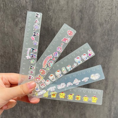 卡通贴纸尺子四件套学生绘图高颜值小学生测量三角尺直尺套装尺子