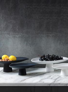 现代新中式北欧创意黑白陶瓷托盘果盘摆件家居样板房软装饰品用品