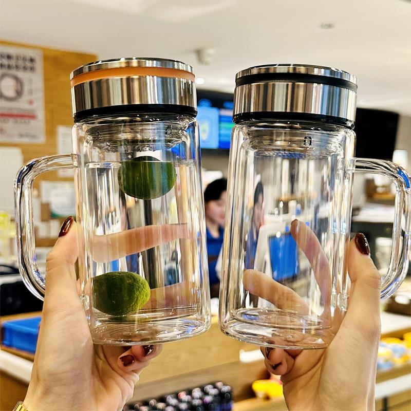 双层玻璃杯耐高温茶水分离泡茶杯家用男士喝水杯带把手可携式杯子