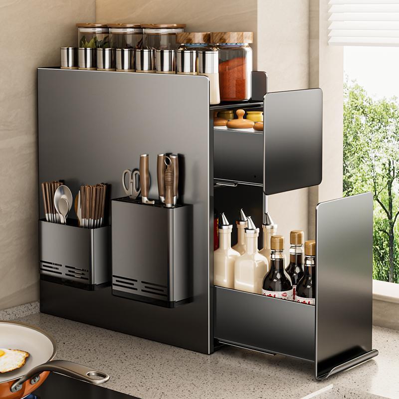 厨房置物架多功能抽拉式极窄边调料品盐调味罐收纳盒台面调料架子