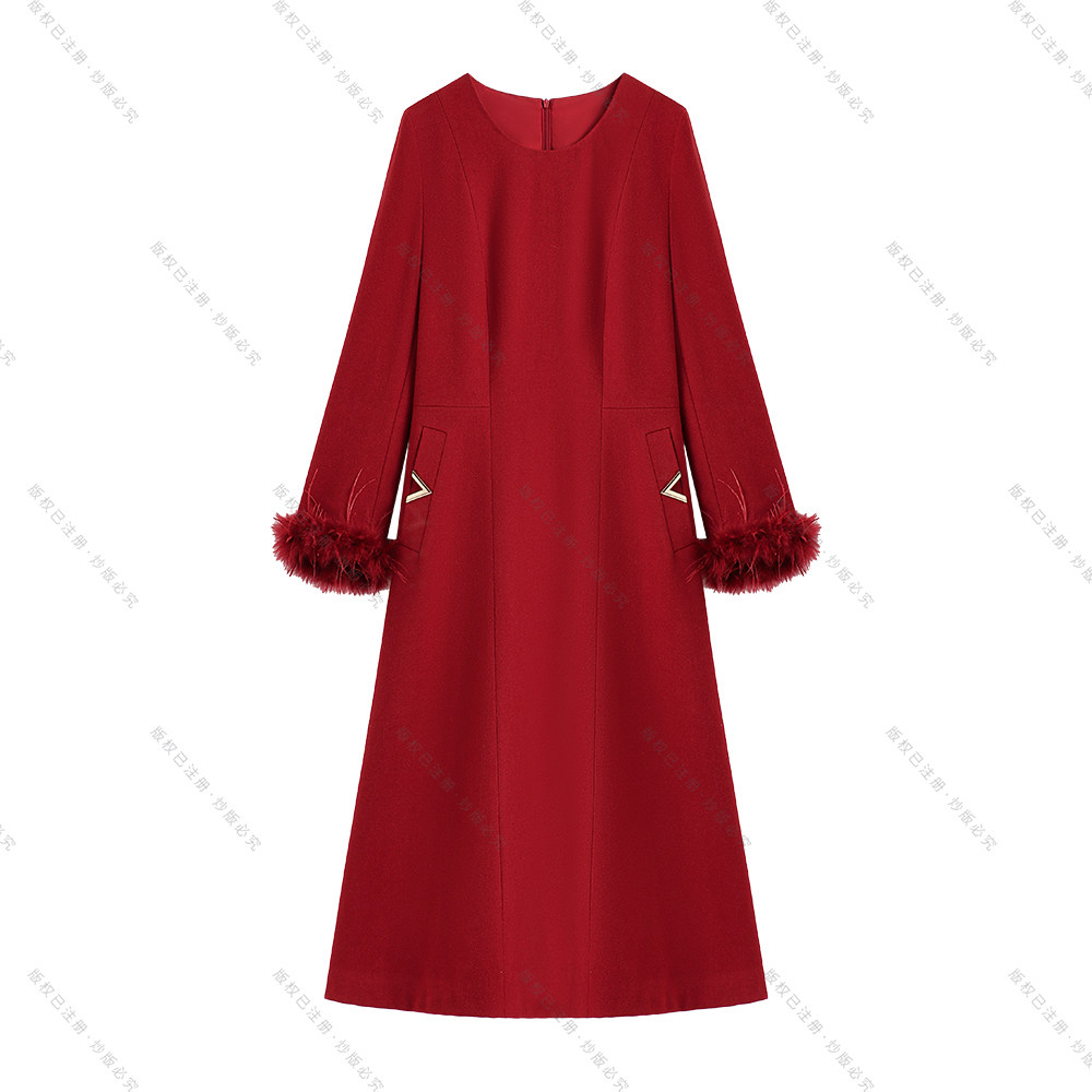 【南油虹姐】【绯韵羽袖】秋冬新款宫廷风加厚圆领拼接显瘦连衣裙