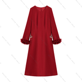 绯韵羽袖 南油虹姐 秋冬宫廷风加厚圆领拼接显瘦连衣裙3121