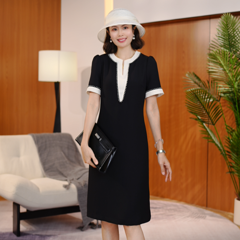 【南油虹姐】新款拼接VU领钉珠短袖小A连衣裙气质名媛风连衣裙,女装/女士精品,连衣裙,淘宝优惠券,粉丝福利购,淘宝优惠卷