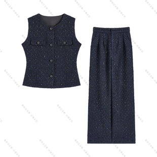 【南油虹姐】秋冬新款法式小香风厚款腰带马夹套装蓝色3118