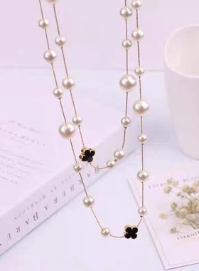 长款珍珠项链女小香风多层镂空玫瑰花毛衣链潮