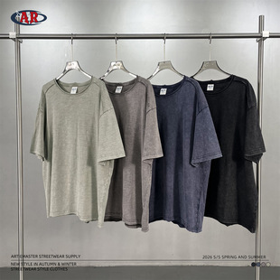 潮牌雪花洗水竹节棉T恤 复古卷边散边拼接工艺245g宽松透气短袖