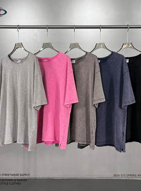 炒雪花洗水竹节棉T恤男 卷边做旧复古风宽松短袖 休闲百搭做旧质