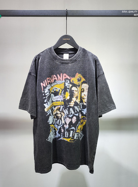 ARTIE男装丨潮牌洗水做旧泛白复古印花短袖NIRVAN摇滚乐队印花T恤