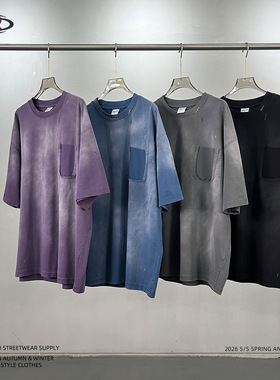 ARTIE男装|欧美洗水做旧烂口袋喷马溜男短袖街头潮牌复古男式短袖