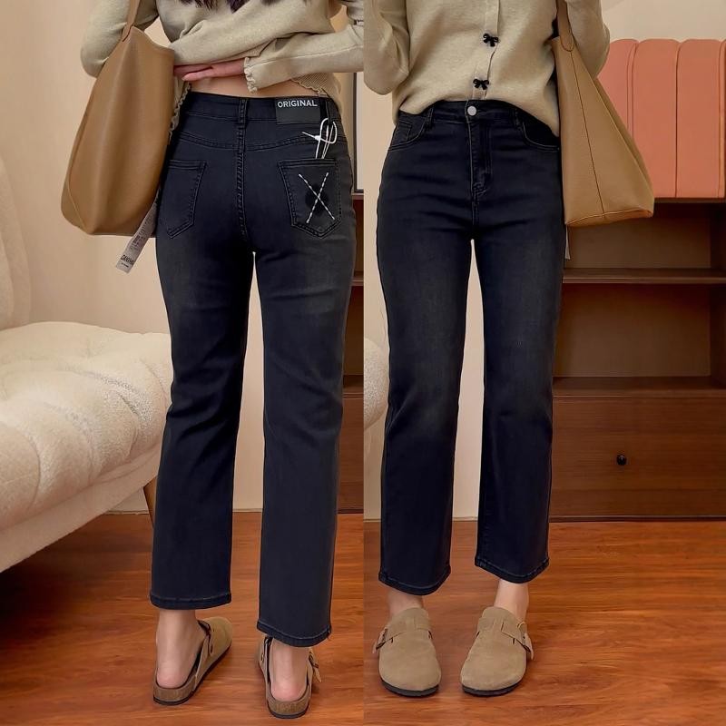 梨型身材秋季新款高端直筒牛仔裤女大码胖mm小个子显瘦烟管法棍裤