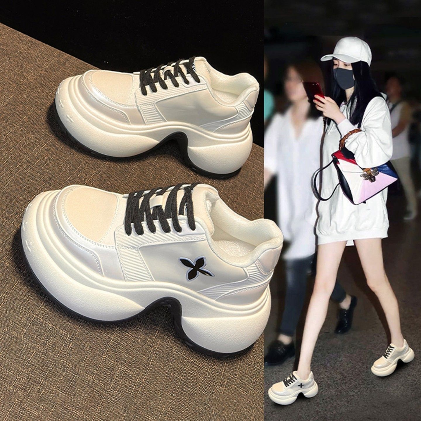 赵露思同款熊猫休闲老爹鞋女2025秋季新款小个子厚底增高7.5cm潮