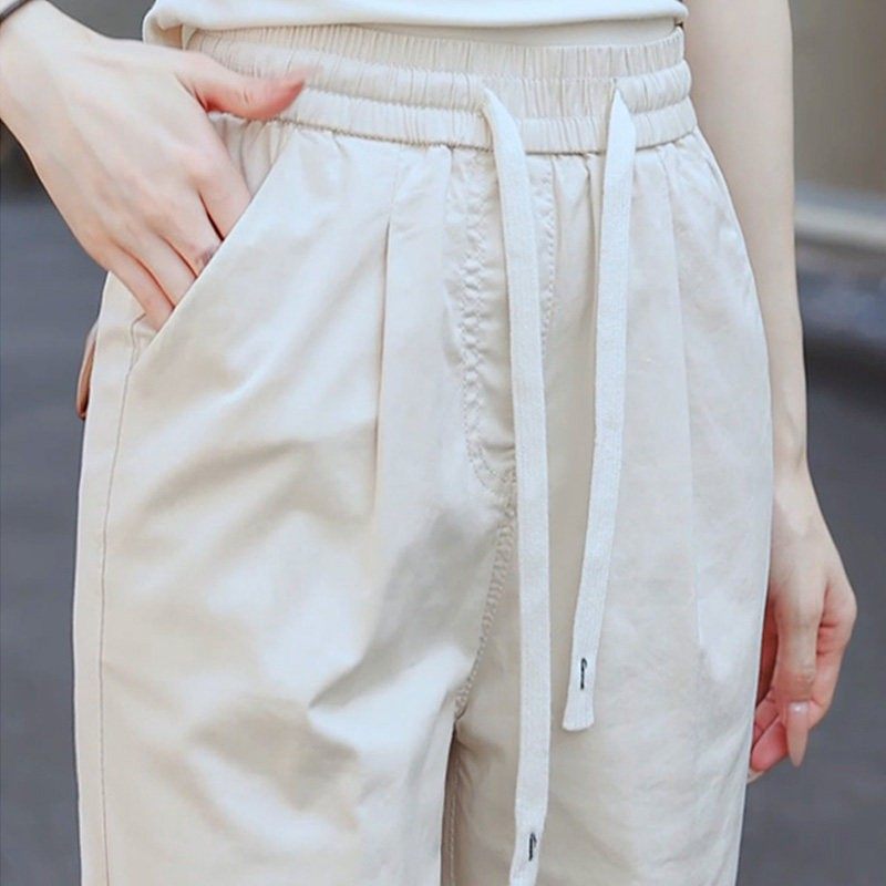 米白裤子夏季薄款哈伦裤女2025新款松紧腰抽绳小个子九分休闲女裤,女装/女士精品,大码裤装,淘宝优惠券,粉丝福利购,淘宝优惠卷