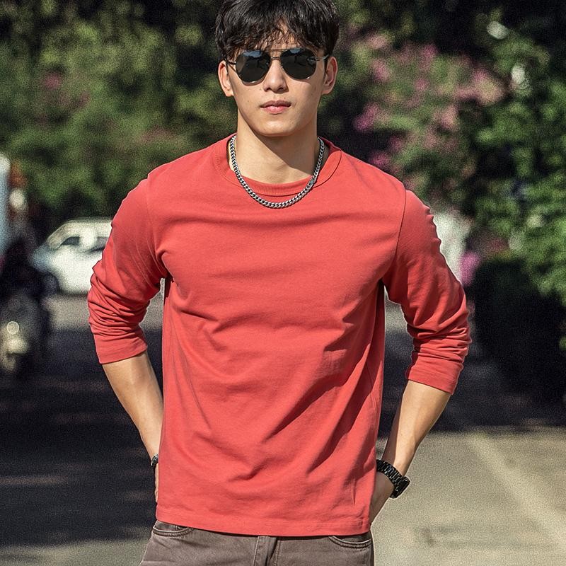 美式覆古300g重磅长袖t恤男2025年春纯棉纯色红色圆领内搭打底衫