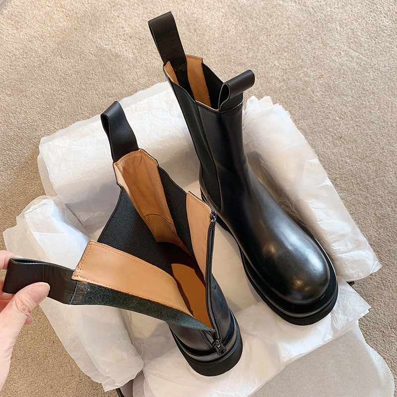 后拉炼 炼 马丁靴女真皮厚底切尔西靴子烟筒靴XFS BV秋冬加绒中筒