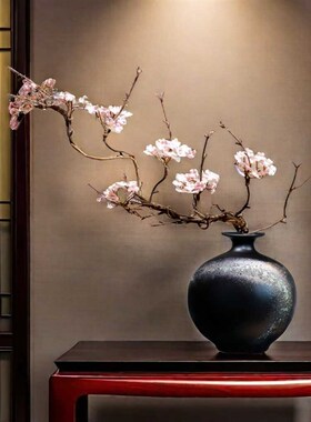 客厅禅意黑色家居陶瓷花瓶复古茶室陶瓷梅瓶新中式玄关插花花器