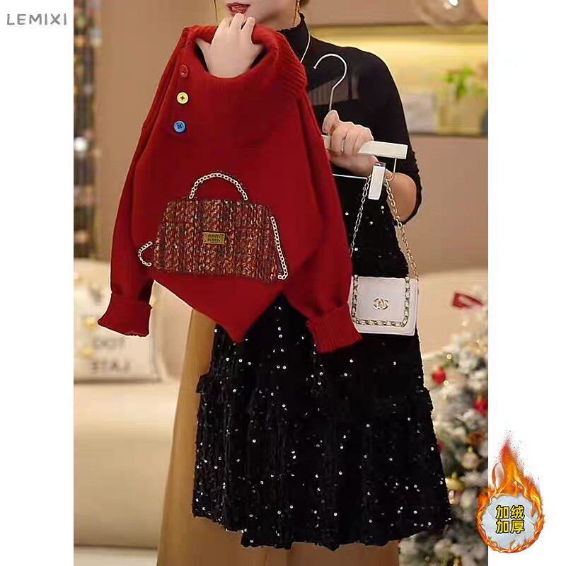 女童毛衣冬季2024新款加厚针织衫本命年儿童装红色新年半身裙套装