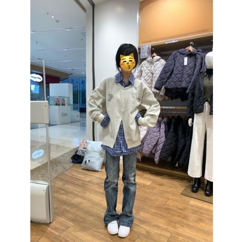 美式学院风假两件polo领格子卫衣女春秋薄款外套宽松拼接衬衫上衣