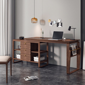 北美黑胡桃木转角书桌家用带书架实木办公桌可旋转无线充电电脑桌