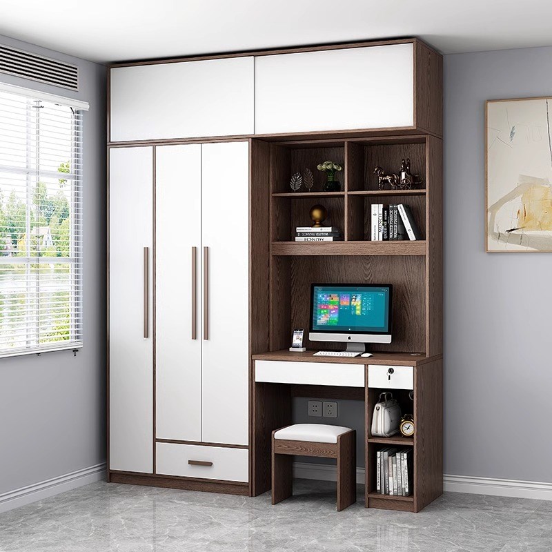 北欧实木颗粒板电脑桌衣柜组合小户型儿童连体书桌柜带写字台一体