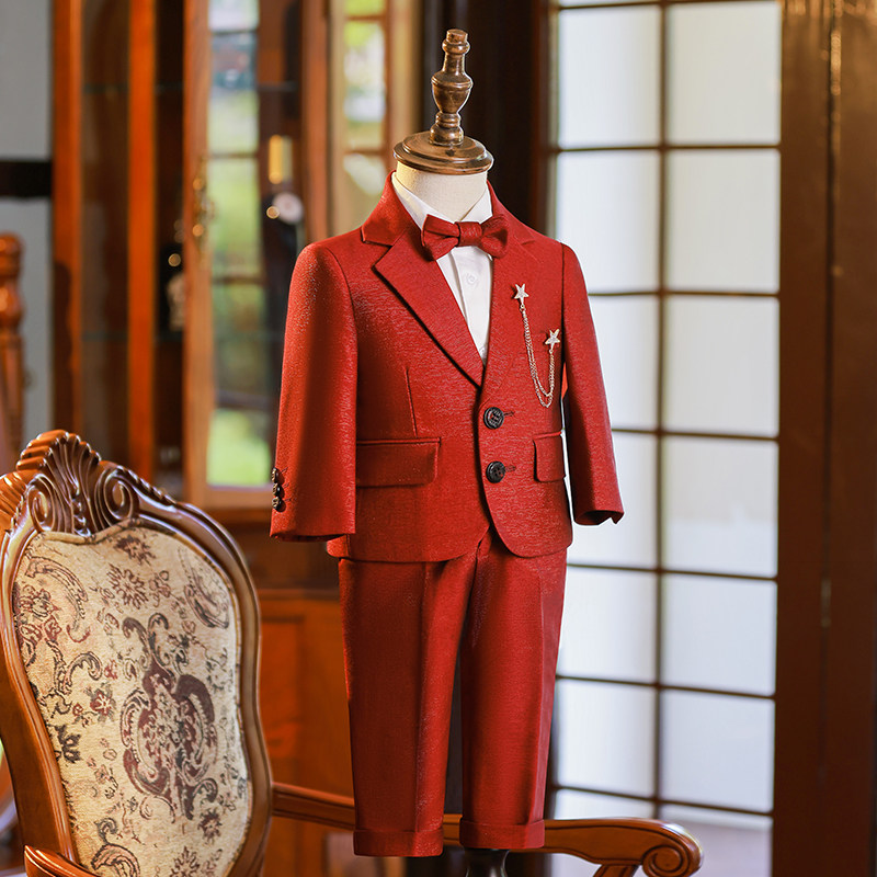 儿童西装套装男童秋季2022新款男宝周岁生日宴礼服英伦小西服红色