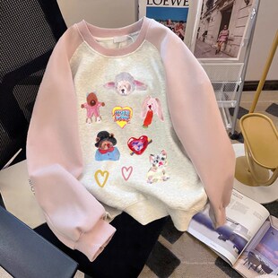 粉色插肩袖卫衣女秋冬款宽松圆领加绒加厚大码胖mm遮肚上衣藏肉潮