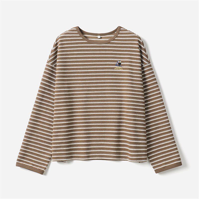 *WTX07177 茉莉雅集 睿智猫头鹰绣花毛圈彩色条纹含棉薄卫衣T恤女