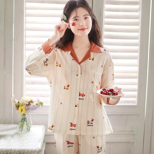 眠岛春秋睡衣女纯棉纱布可爱卡通长袖可外穿棉纱家居服套装