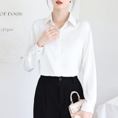 长袖衬衫女2024秋季新款法式职业正装面试白衬衣抗皱免烫缎面上衣