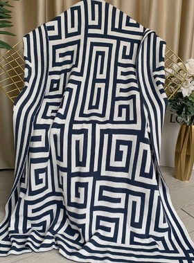 办公室毛线针织毯子沙发盖毯床尾巾搭毯样板房搭巾蓝色黑色回形纹