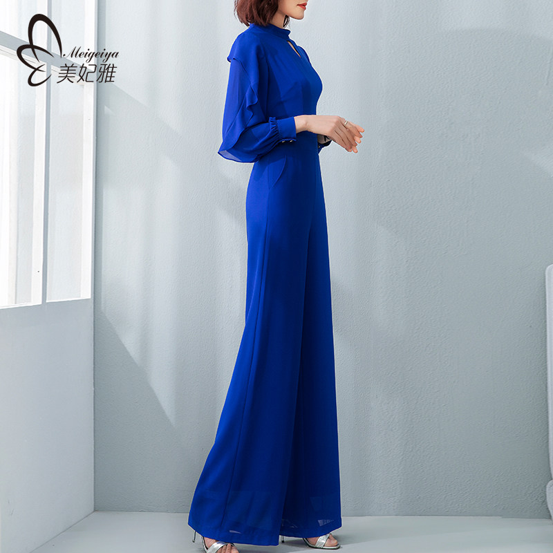 美妃雅长袖雪纺连体裤女夏长款2021新款连衣阔腿裤套装气质连身裤