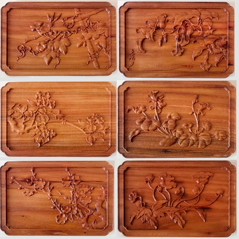 牡丹昙花榆木浮雕木板画家具柜门壁挂装饰品木版画木贴花片木板图片