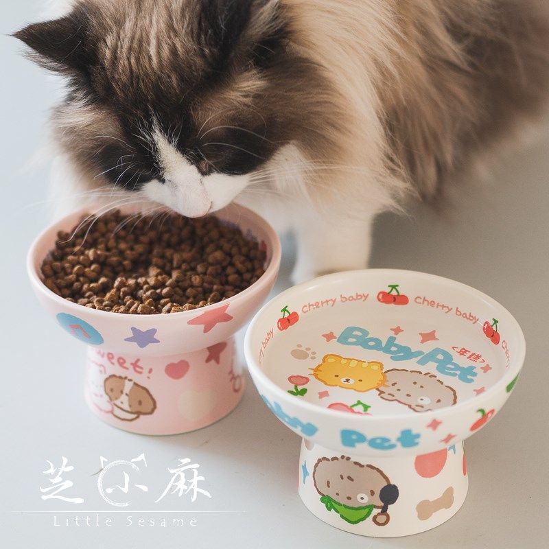 芝小麻童趣满满年糕高脚猫碗加高保护颈椎猫食盆猫粮碗陶瓷宠物碗