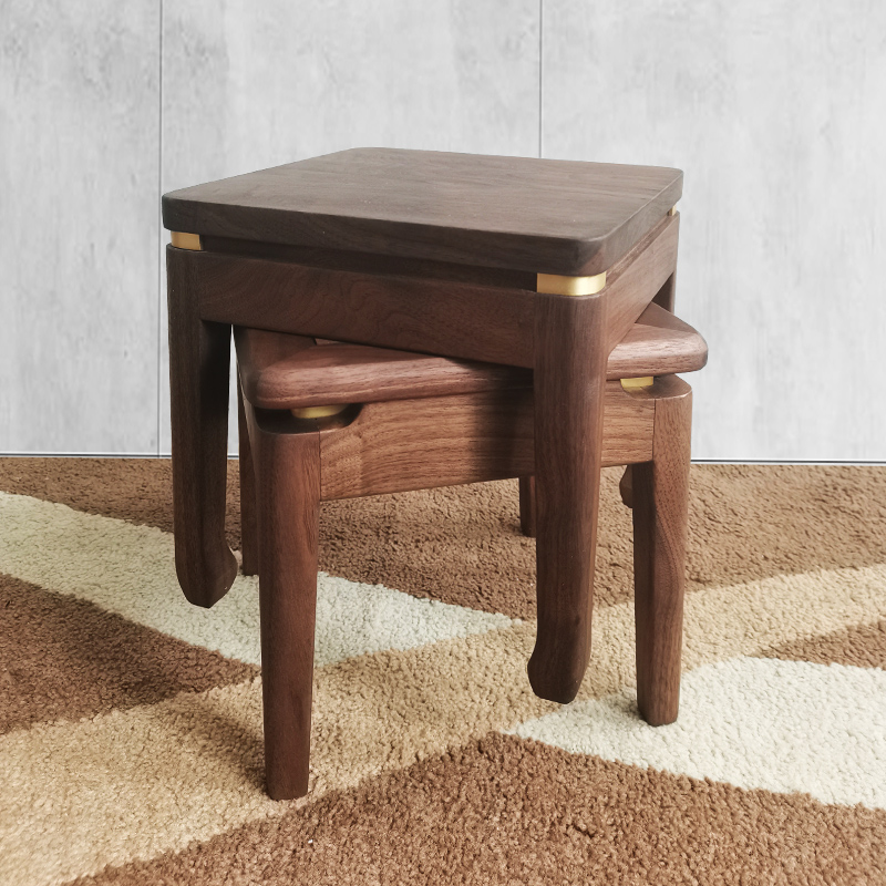 北美黑胡桃木凳子实木新中式原木小板凳家用大人矮凳轻奢铜换鞋凳