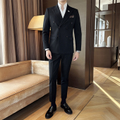 职业正装 格纹小西装 新郎伴郎结婚礼服 套装 戗驳领双排扣西服男修身
