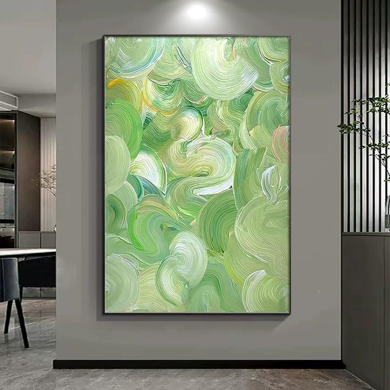 抽象绿色手绘油画酒店宿玄关装饰艺术花卉手工厅彩绘画轻画奢肌民图片
