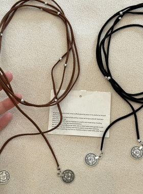 速发亚银珠钱币圆牌吊坠项链多层长款麂皮绳毛衣链choker颈链