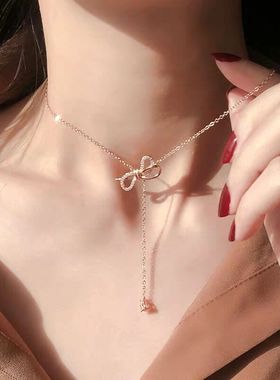 现货速发气质玫瑰金蝴蝶结项链锁骨链韩版简约小众项圈长款个性颈