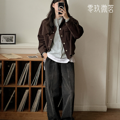 09women韩国大码女装宽松休闲长裤深灰色松紧腰牛仔直筒裤83799