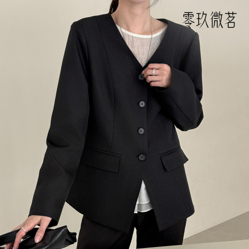 零玖微茗极简风黑色西装外套女V领纽扣显瘦收腰高级感外套89934