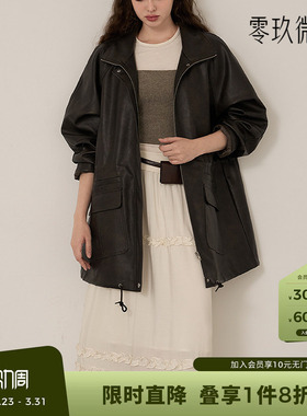 09women韩国秋冬加大码帅气水洗皮革夹克黑色中长款皮衣外套84230
