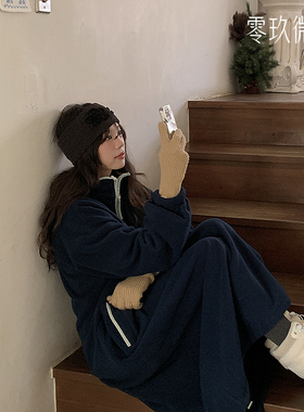 零玖微茗韩国大码女装休闲绒高领半拉链保暖卫裙微胖连衣裙85463