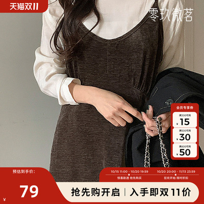 09women大码秋冬新款优雅天鹅绒吊带长款连衣裙修身显瘦长裙79253
