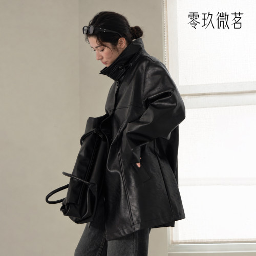 零玖微茗美式复古黑色廓形皮衣女立领机车风外套高级感夹克89696