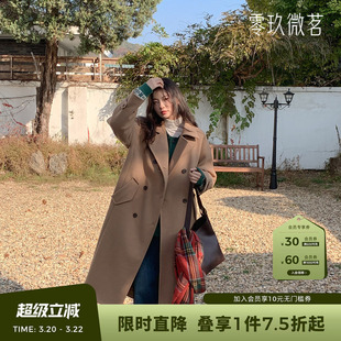 09women韩版大码复古英伦风双排扣长款毛呢大衣微胖呢子外套78975