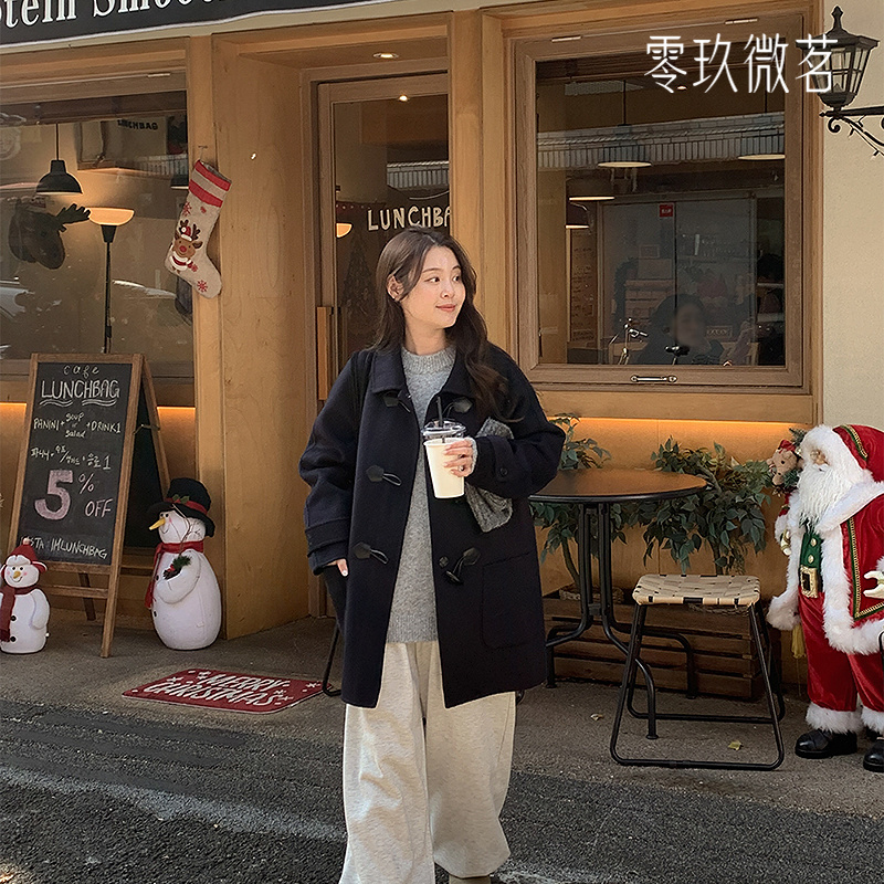 09women韩国大码牛角扣羊毛大衣