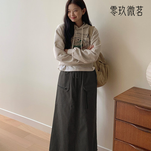 韩版大码秋季新款休闲舒适松紧带长裙口袋直筒后开叉半身裙78305